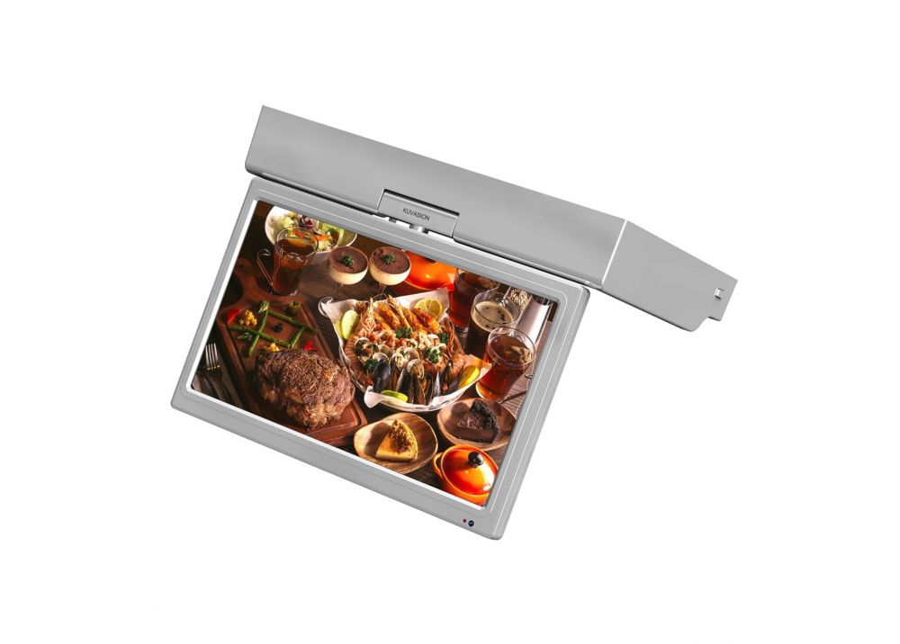 KUVASONG 15.6" Flip Down Smart Kitchen TV, 4K UHD, Under Cabinet Kitchen TV,  Glossy Silver Grey
